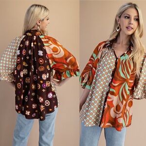Orange floral mixed media abstract puff sleeve button down blouse tunic top